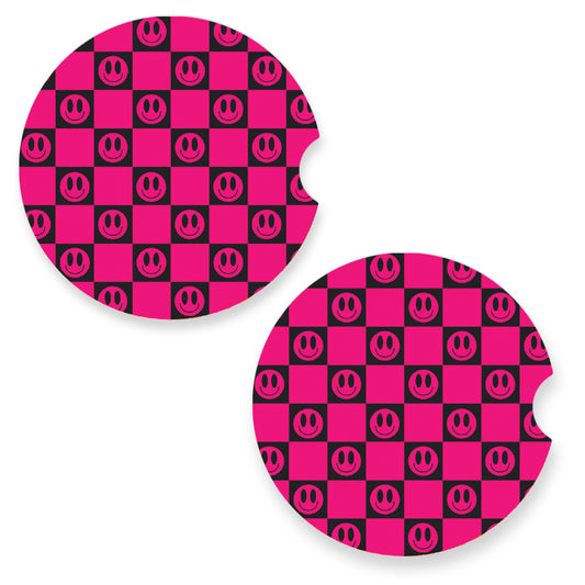 Pink Smiley Checker Car Coasters